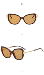 Detailansicht schicker Schildpatt-Katzenaugen-Sonnenbrille mit goldenen Strass-Bügeln.