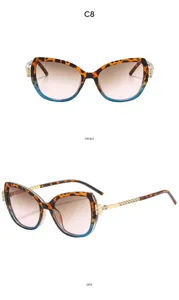 Modische Strass-Katzenaugen-Sonnenbrille, Leo-Verlauf-Gestell mit braunen Gläsern.