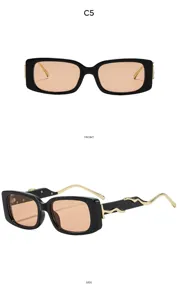 Retro quadratische Sonnenbrille Damen Herren, dicker schwarzer Rahmen mit goldenen Wellen.