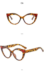 Vue détaillée de lunettes anti-lumière bleue œil-de-chat rétro léopard aux accents rouges.