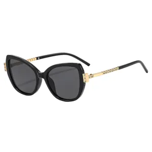 Modische Strass Katzenauge Sonnenbrille für Damen, Luxus schwarzer Metallrahmen UV400.