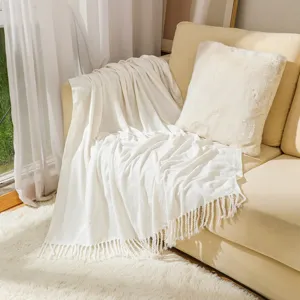 Solid Color Chenille Throw Blanket With Tassels Soft Warm Sofa Blanket Cozy Bedding Blanket For Living Room