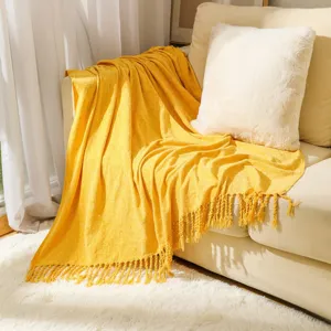Bright yellow fringe throw blanket for sofa cozy living room decor soft couch cover warm