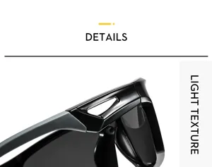 Close-up detail of sunglasses frame texture, glossy black and grey temples, durable wear.