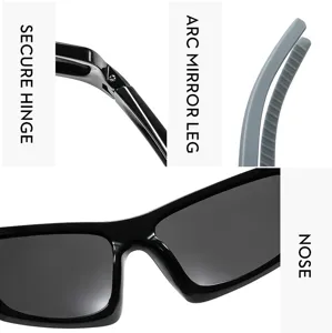 Outdoor sports sunglasses detail view featuring secure hinge, arc mirror leg and comfortable nose.