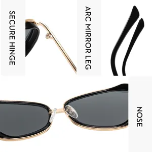 Gafas de sol cat-eye con montura de metal, vista detallada de la bisagra y almohadillas.