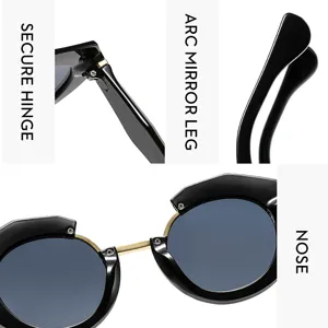 Vista detallada de gafas de sol redondas de mujer con bisagra segura y elegante.