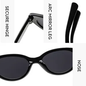 Cat-eye sunglasses detail view showing secure hinge, arc mirror leg and nose bridge design.