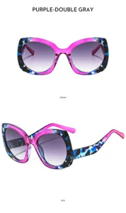 Gafas de sol de ojo de gato elegantes para mujer, diseño colorido con lentes grises degradadas.