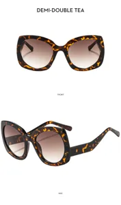 Detalle de gafas de sol ojo de gato carey, lentes degradadas marrones, estilo retro.