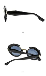Vista detallada de gafas de sol redondas de mujer de moda con montura negra y cristales azules.