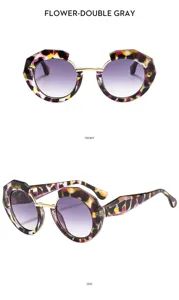 Elegantes gafas de sol redondas geométricas con montura de acetato floral y lentes degradadas.