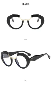 Elegantes gafas geométricas negras contra la luz azul con puente dorado de moda.