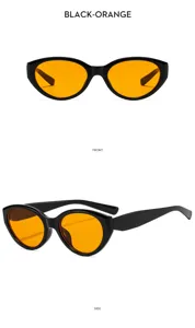Close-up detail of black frame cat-eye sunglasses with vibrant orange lenses, side view.