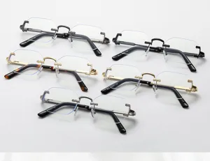 Gafas de sol sin montura biseladas de tendencia, vista detallada con montura metálica.