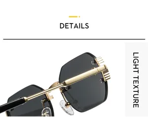 Primer plano detallado de gafas de sol sin montura de lujo con detalles metálicos dorados y oscuras.