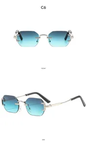 Gafas de sol sin montura con degradado azul para mujer y hombre, estilo moderno y protección UV.