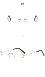 Gafas de sol sin montura elegantes con montura de metal y patillas negras clásicas.