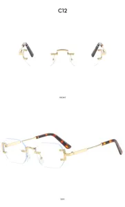Gafas de sol de lujo sin montura con marco de metal dorado y lentes elegantes para todos.