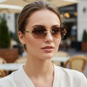 Gafas de sol degradadas marrones sin montura elegante, gafas de moda de oro de lujo.