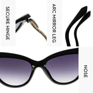 Detailopname van trendy dames cat-eye zonnebril met uniek slangetempelontwerp voor een unieke look.
