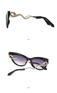 Gedetailleerd overzicht van modieuze cat-eye zonnebril met gouden slangpoten en verlooplenzen.