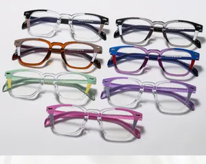 Fashion square color-blocked anti-blue light glasses detail view, stylish eyewear.