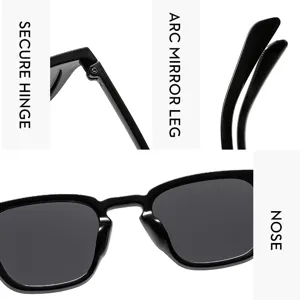 Close-up detail shot of black square sunglasses showing hinge structure, leg and nose design.