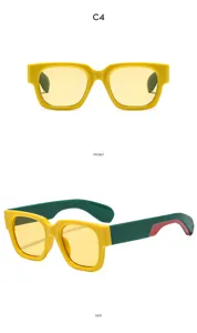 Modische quadratische Sonnenbrille mit gelbem Gestell und gruenroten Buegeln fuer Damen.