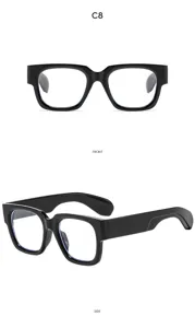 Modische schwarze Brille mit dickem quadratischem Gestell und Front- sowie Seitenansicht.