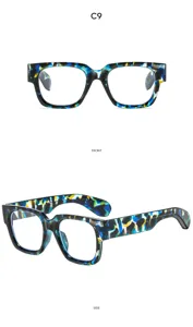 Detailansicht der trendigen, quadratischen Sonnenbrille mit einzigartigem marmoriertem Rahmen.