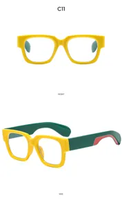 Detailansicht trendiger, farbblockierter Sonnenbrille mit gelbem Rahmen und grünen Bügeln.