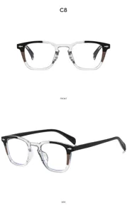 Detail view of stylish color-blocked square anti-blue light glasses in C8 variant style.
