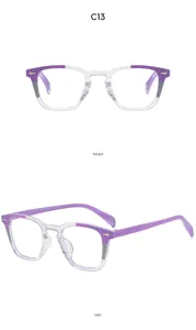 Close-up detail of stylish square anti-blue light glasses with purple and clear color-block frame.
