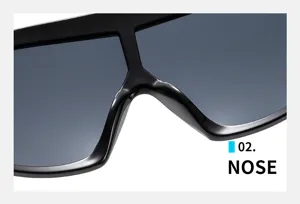 Primo piano del ponte nasale di occhiali da sole retro con grande montatura nera lucida.