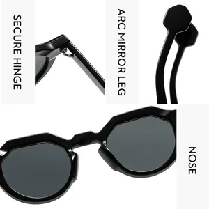 Detailed view of trendy black polygon sunglasses featuring secure hinge and ergonomic nose.