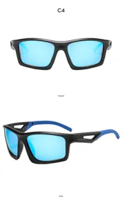 Detailed view showing sports sunglasses with blue reflective lenses and matte black frame.