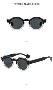 Detail view of trendy geometric multi-sided sunglasses with clear and black frame design.