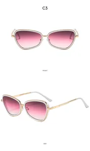 Vista detallada de gafas de sol de metal con lentes degradadas rosas, frente y perfil.