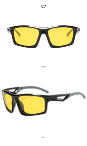 Sports sunglasses detail view, black frame with yellow anti-glare lenses, side and front angles.