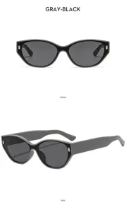 Vue détaillée de lunettes de soleil œil-de-chat rétro tendance en gris-noir et verres.