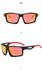 Detailed view of sports sunglasses featuring color-coated reflective lenses and durable frames.