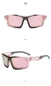 Close-up detail of outdoor sports sunglasses, pink frame, colorful lenses, side and front view.