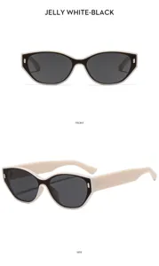 Gros plan sur les détails de la lunette de soleil œil de chat blanc gélifié et noir foncé.