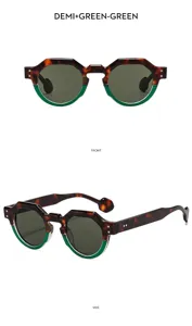 Detailed view of trendy geometric tortoiseshell and green sunglasses showing unique frame design.