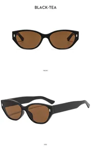 Lunettes de soleil œil de chat rétro femme, monture noire verres marron, protection UV.
