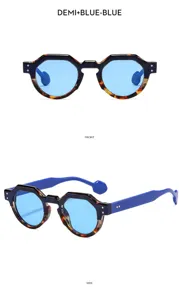 Trendy polygonal sunglasses detail view featuring tortoise frame with bright blue lenses.