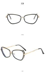 Vista detallada de las gafas cat-eye con montura metálica elegante, frente y perfil.