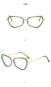 Gafas de moda cat-eye de metal con detalles, marco verde único y patillas doradas elegantes.
