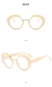 Vista detallada de elegantes gafas beige redondas irregulares anti luz azul, frente y perfil.